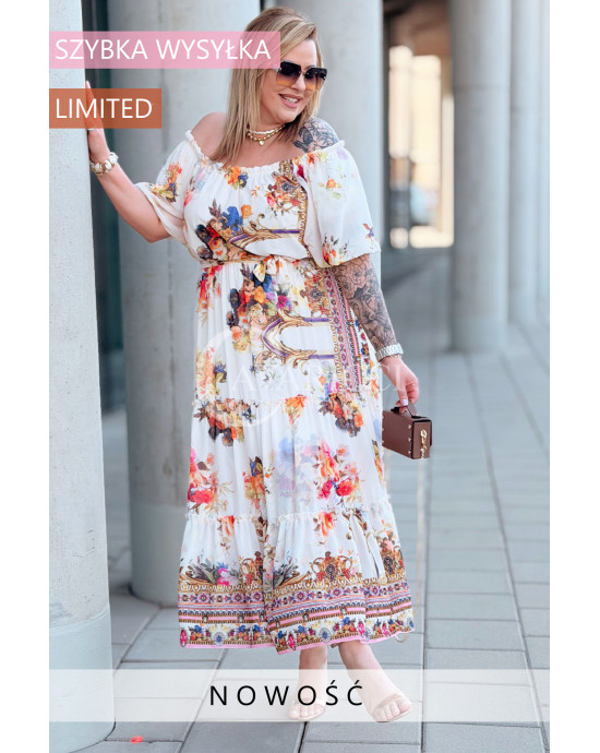 Sukienka ORCHIDEA plus size – letnia maxi z artystycznym wzorem, kolor ecru z printem, biust 110-130 cm, na wesele w plenerze
