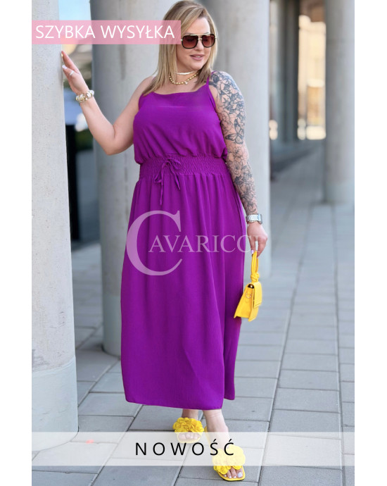 Sukienka ELECTRA plus size – letnia maxi z gumką w talii, kolor purpurowy, biust 125-150 cm, najtańsza sukienka maxi Cavaricci