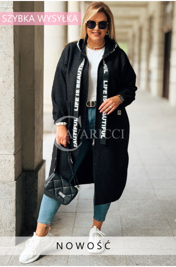 JOHANNA Długa Bluza Płaszcz z Kapturem Plus Size w Kolorze Czarnym