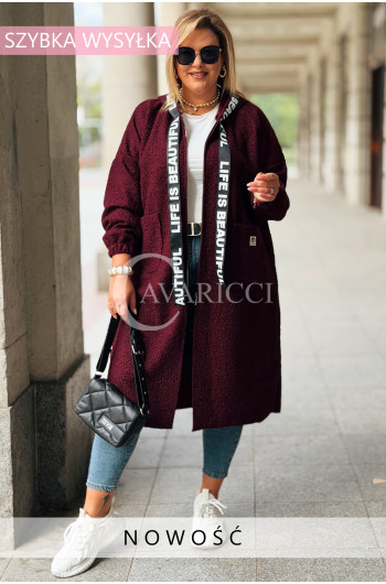 JOHANNA Długa Bluza Płaszcz z Kapturem Plus Size w Kolorze Bordowym