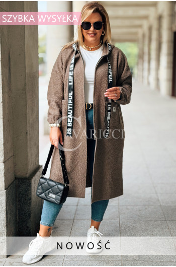 JOHANNA Długa Bluza Płaszcz z Kapturem Plus Size w Kolorze Fango