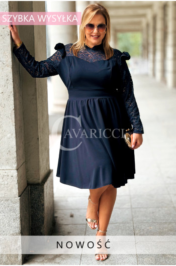 LARA Sukienka Plus Size Elegancka Ze Stójką i Koronkowym Rękawem...