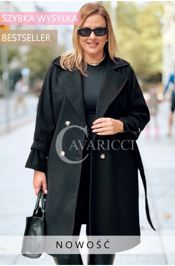 TRANI Płaszcz Plus Size Dwurzędowy Z Paskiem i Kieszeniami w...