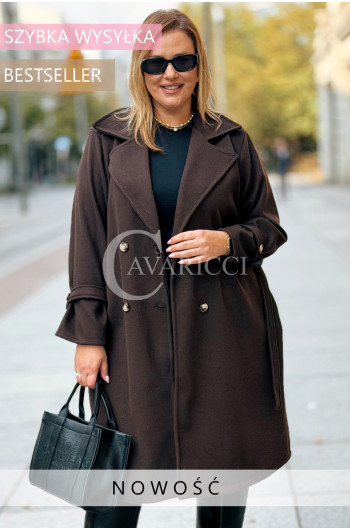TRANI Płaszcz Plus Size Dwurzędowy Z Paskiem i Kieszeniami w...