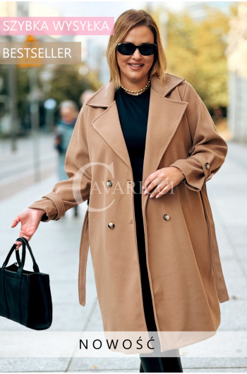 TRANI Płaszcz Plus Size Dwurzędowy Z Paskiem i Kieszeniami w...