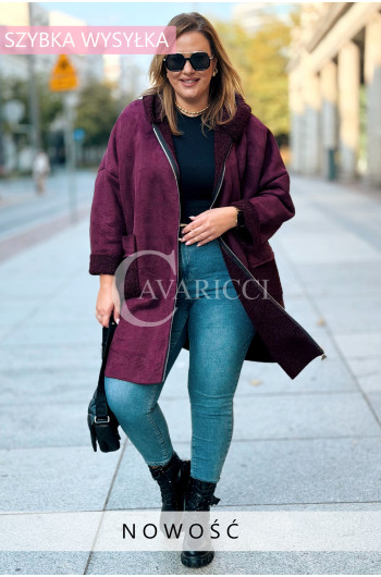 KERSTIN Płaszcz Plus Size Baranek Z Kapturem Na Zamek Z...