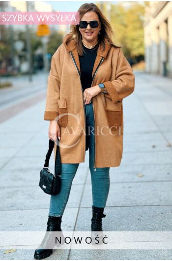 KERSTIN Płaszcz Plus Size Baranek Z Kapturem Na Zamek Z...