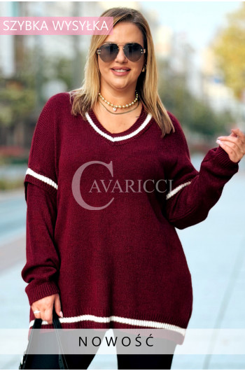 SENTA Damski Sweter Plus Size Dekolt V Luźny Krój w Kolorze Bordowym
