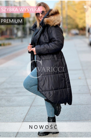 CAROL Płaszcz Zimowy Plus Size Z Kapturem i Futrem w Kolorze Czarnym