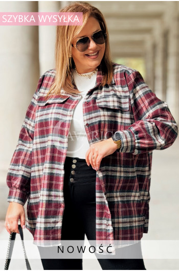 GLORIA Koszula Damska Plus Size w Kratę z Kołnierzykiem i...